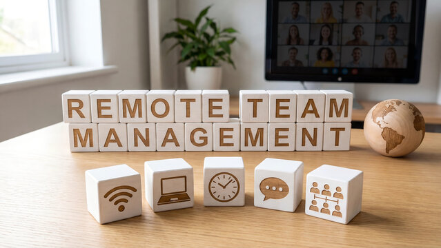 Remote Team Management Concept Blocks With Communication Icons Representing Virtual Leadership, Distributed Workforce Strategy, and Digital Collaboration Tools