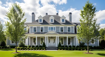 Fototapeta premium Modern luxury white mansion with columns and green lawn under blue sky for real estate success