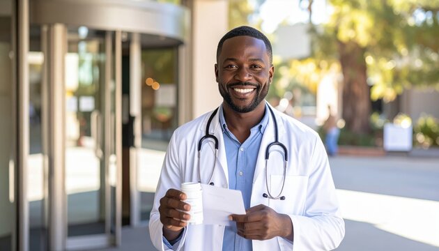Smiling Black Doctor with Stethoscope Holds Prescription Outside Medical Facility