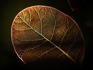 Artystyczne makro zbliżenie na strukturę liścia z wyraźnym użyłkowaniem na ciemnym tle. Detale natury, tekstura rośliny w ciepłych barwach jesieni, idealne jako tło lub element dekoracyjny. © Henryk Niestrój