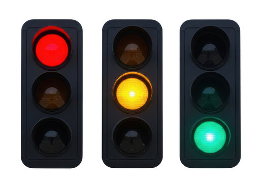 Traffic light with red, yellow, and green lights isolated on transparent background