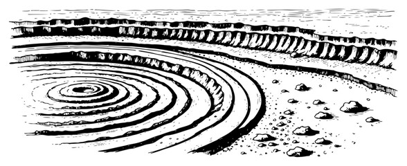 Sketchy landscape illustration of concentric circles inside a rocky crater basin © Amelia