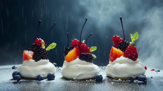 Tempting berry meringue delights in slow motion with drizzling rain