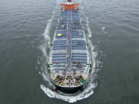 Aerial view of a large oil tanker approaching the port of Rotterdam