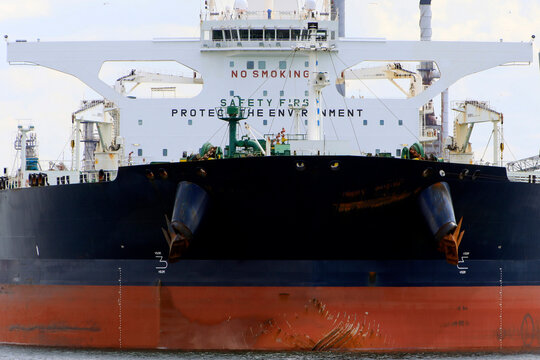 View of a large oil tanker in the port of Rotterdam