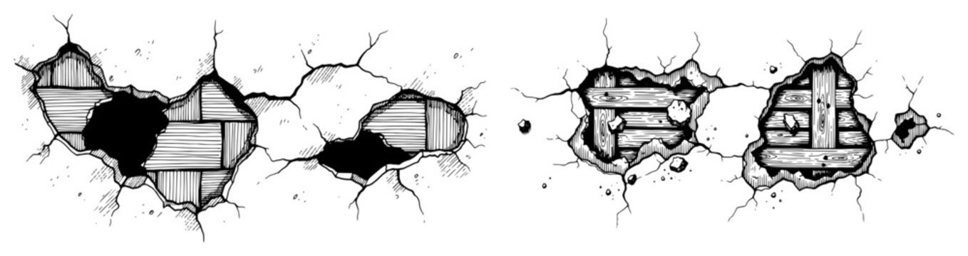 Cracked wall with holes revealing wooden lath structure underneath in hand drawn sketch style