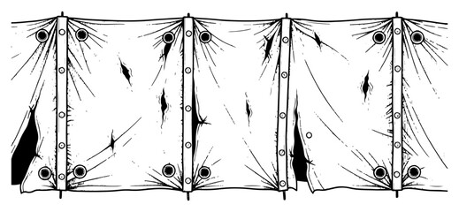 Sketchy horizontal illustration of a torn and weathered canvas tarp hanging from a frame © Amelia
