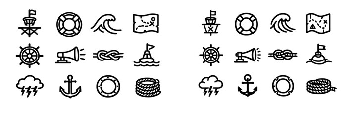 Nautical and maritime line icon set featuring anchor ship wheel lifebuoy treasure map wave and rope elements for sea travel design © PAPA STOCK