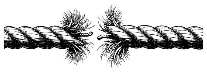 Hand drawn detailed illustration of a thick rope breaking and fraying under tension © Amelia