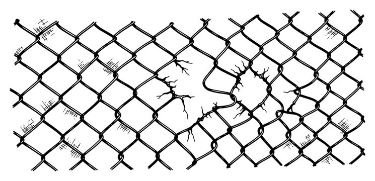 Detailed hand drawn chain link fence illustration showing broken metal wires and holes