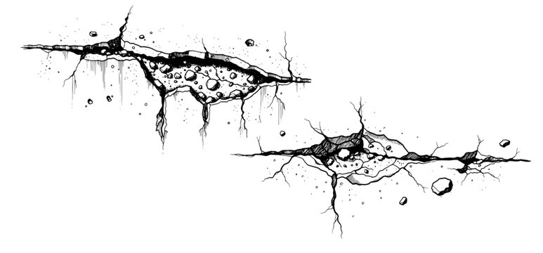 Detailed ink drawing of large deep cracks and fissures with falling rock debris