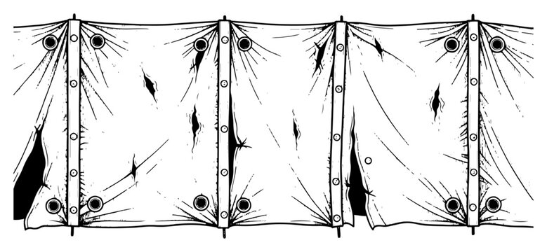 Sketchy horizontal illustration of a torn and weathered canvas tarp hanging from a frame