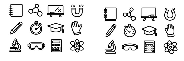Set of education and science line icons including microscope calculator graduation cap and laboratory equipment for school learning © PAPA STOCK