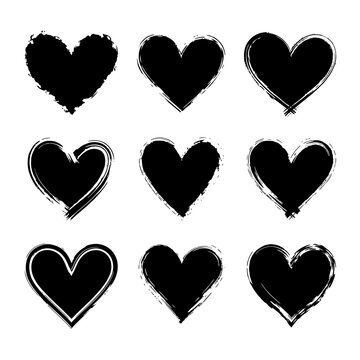 Black and White Silhouettes of Hearts in Grunge Style with Paint Texture and Distress

