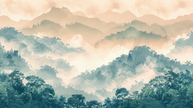 Mountain landscape. Painting in the style of minimalism, natural landscapes, hills and trees. Wall design for home decoration, wallpaper.