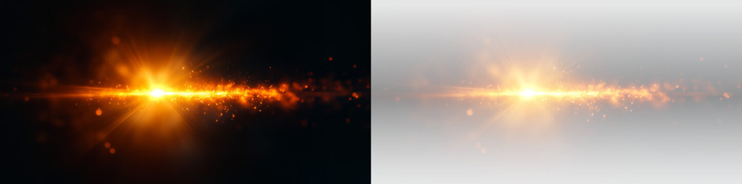 Bright cinematic starburst lens flare with glowing orange beam rays sparkling particles and abstract optical light streak effect isolated on transparent background