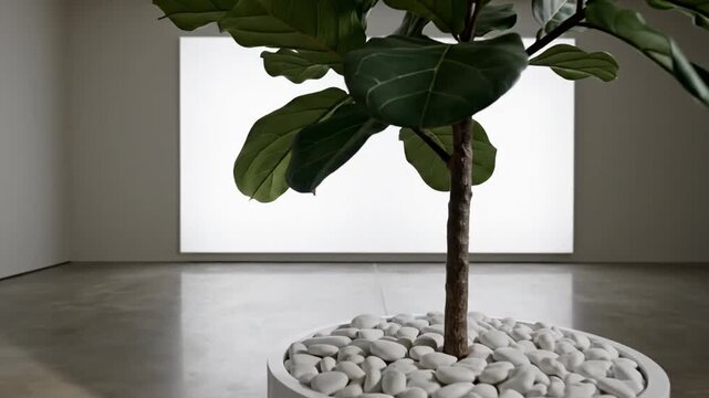 Fiddle leaf fig plant in modern minimalist room with bright window