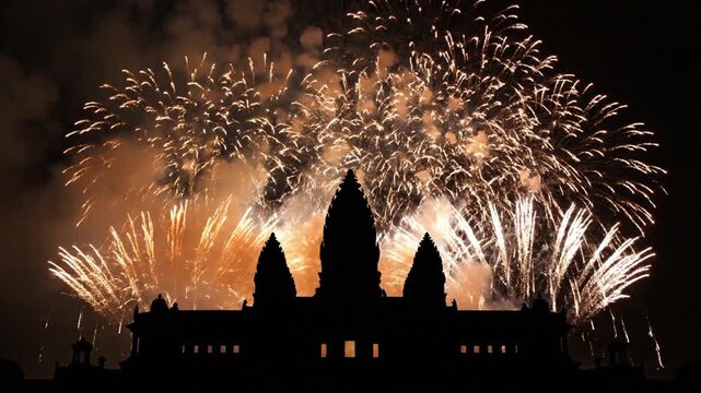 Fireworks exploding over Angkor Wat temple silhouette at night