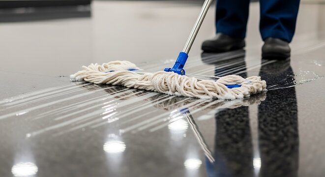 Close-up of a person mopping a shiny, reflective floor with a string mop