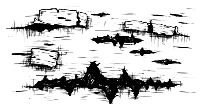 Collection of birch tree bark textures and peeling wood fragments in vintage hand drawn style