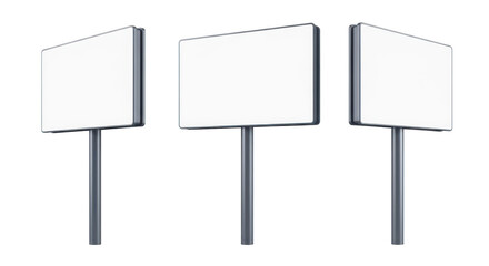 Three blank rectangular road signs mounted on individual poles in a row