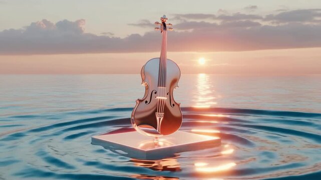 Floating cello at sunset creates gentle ripples across peaceful ocean waters