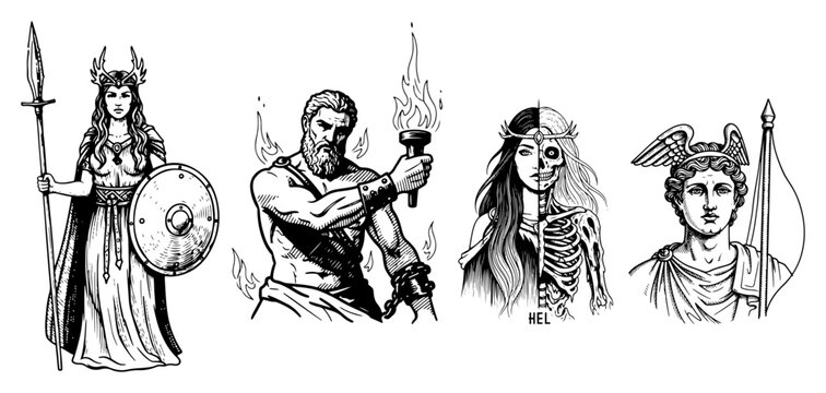 Norse mythology characters set including Valkyrie goddess Hel and bearded warriors