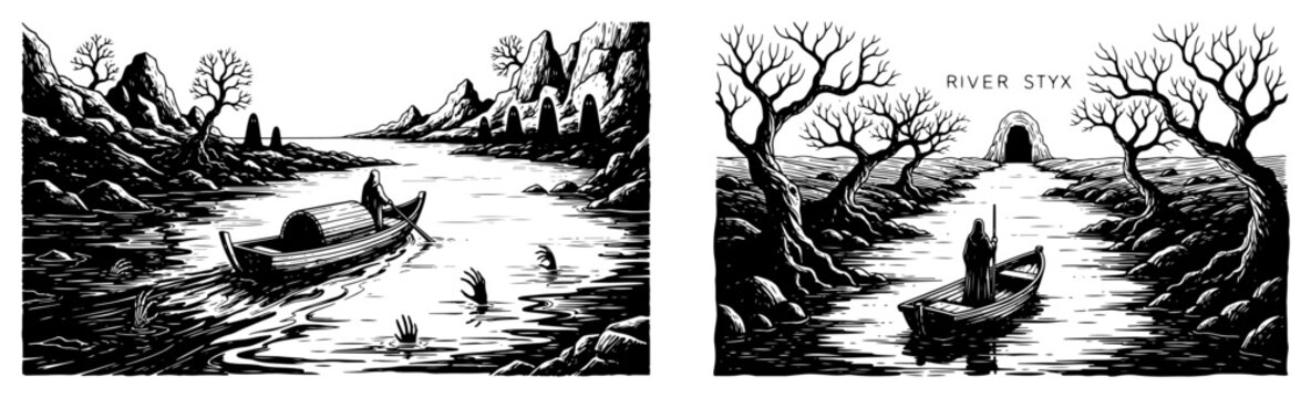 Gloomy underworld river styx scene with boatman charon in dark mythological landscape illustration