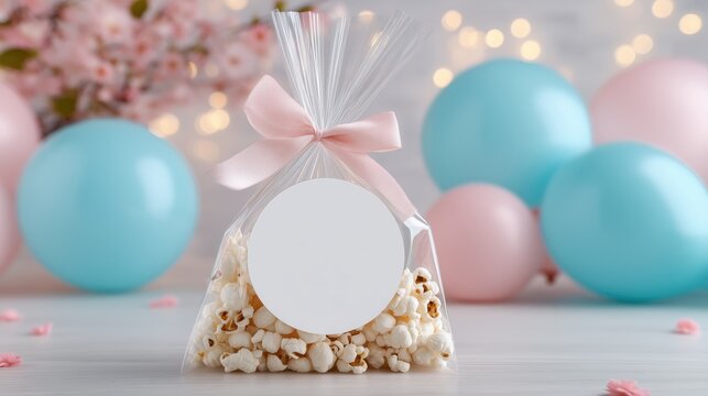 Transparent gift bag with popcorn and blank round label, decorated with pink ribbon. Pastel balloons and festive lights in background. Mockup for gender reveal party, birthday, baby shower