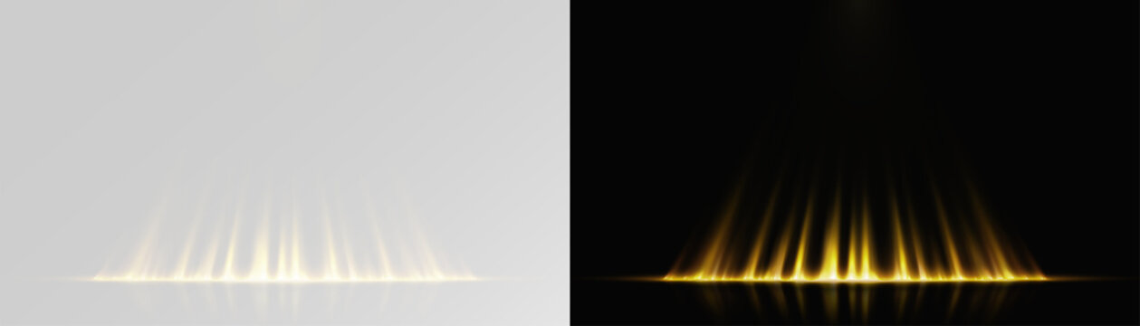 spotlights with glowing bright stage light beam projection shiny decoration theatre scene studio transparent space concert empty spot disco festive glittering event design overlay gold png beams