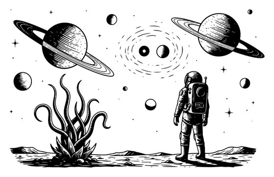 Astronaut standing on alien planet surface looking at cosmic scenery with planets and strange plants