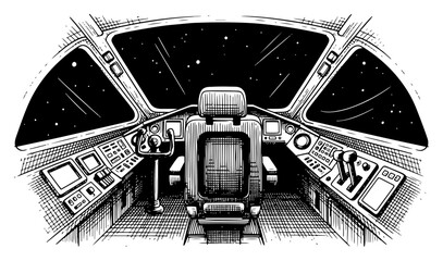 Detailed interior of a spaceship cockpit with dashboard view of stars in hand drawn engraving style © Amelia