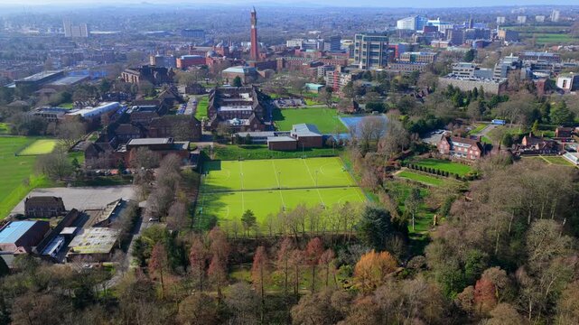 Aerial video of University of Birmingham and Edgbaston sports fields.