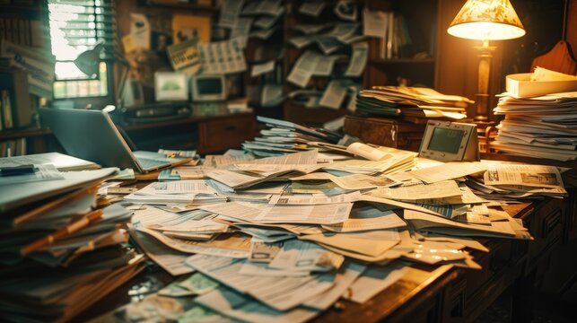 Messy Desk with Papers and Lamp in a Dimly Lit Room.