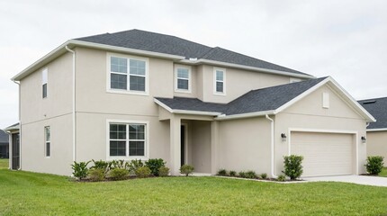 Fototapeta premium Modern two-story house with clean painted exterior and minimal landscaping