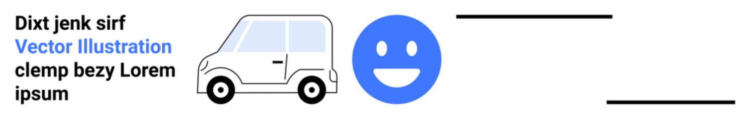 Fototapeta premium Transportation, emotions, communication, graphic design, illustrations, creativity. White vehicle icon and blue happy face with text. Transportation and emotions in graphic form