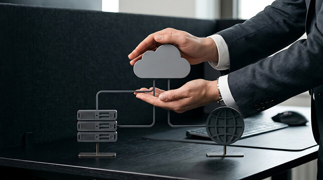 Businessman managing cloud data storage in modern office