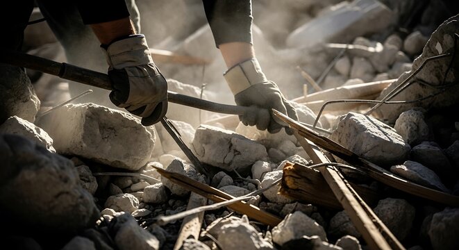 Hands in protective gloves clearing debris and rubble after a disaster or demolition