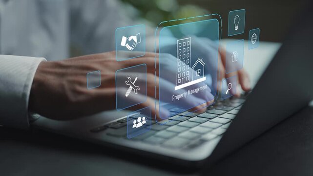 Real estate property management system concept. Person using laptop with house and maintenance icons, property administration, tenant management and facility services.