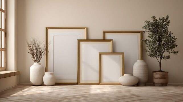 A serene and modern interior space with empty picture frames and decorative vases