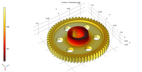Metal cover, wheel drawing. Computer technic  3d modeling of steel mechanical part with hole and teeth. Thermal cad analysis. Investigation of temperature distribution on surface of mechanical part. © TKalinovskaya