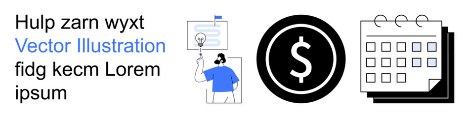 Obraz premium Customer service, financial management, business scheduling, professional communication, monetary value, time planning. Person with headset and chat bubble, dollar sign calendar. Customer support