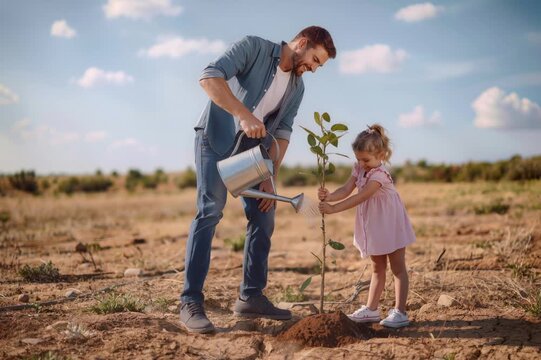 A man and a young girl are planting a tree in a field. The man waters the tree while the girl helps hold it. It is sunny, and the ground is dry with few plants around.