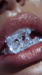 Obraz premium Glossy Lips Holding Ice Cube in Teeth Close Up Beauty Fashion Portrait