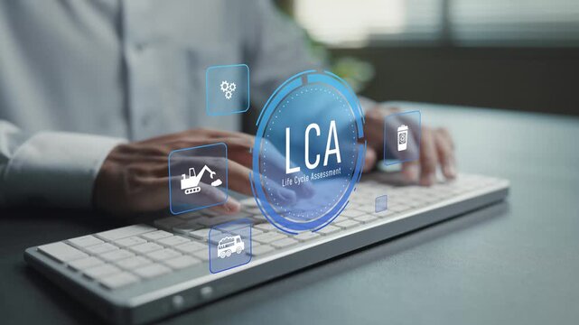 LCA life cycle assessment concept. Person typing keyboard with environmental analysis and sustainability icons, product life cycle evaluation, carbon footprint and eco friendly management.