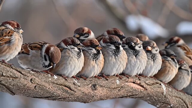 Group of sparrows huddled on a bare tree branch in winter