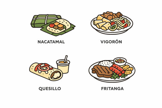 Nicaragua Street Food Vector Icon Set with Nacatamal Vigoron Quesillo and Fritanga