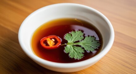 Closeup shot of a bowl of dipping sauce with chili and cilantro garnish.