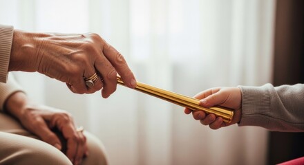 Closeup of hands passing a golden baton symbolizing teamwork and succession.