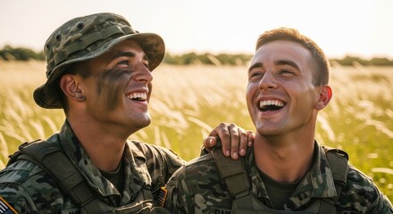Fototapeta premium Soldiers Sharing a Moment of Laughter and Friendship Outdoors